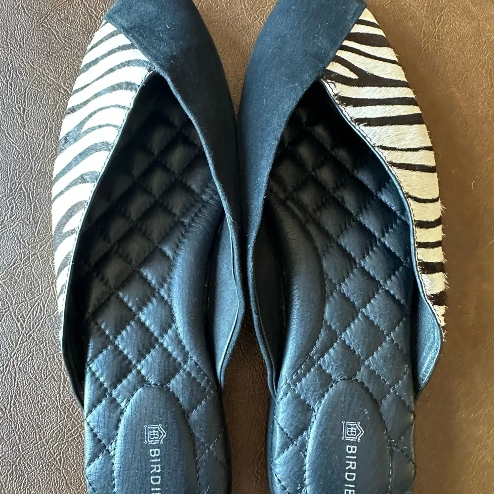 Birdies The Swan Zebra Animal Print Calf Hair Suede Mules Black Cream Size 8.5 - Picture 2 of 7
